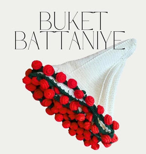 Buket Battaniye görseli – el yapımı, 3D güllerle süslenmiş romantik çiçekli örgü battaniye. Şık bir hediye alternatifi.